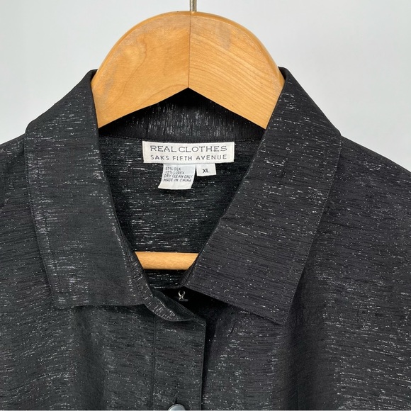 Real Clothes Saks Fifth Avenue Silk Top Size XL Black Shimmer Button Down - Picture 5 of 9